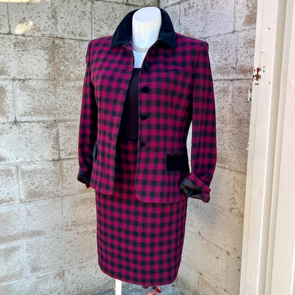 Jones New York Dresses & Skirts - Vintage Jones New York Velvet Trim Plaid Lined Wool Skirt Suit Size 14